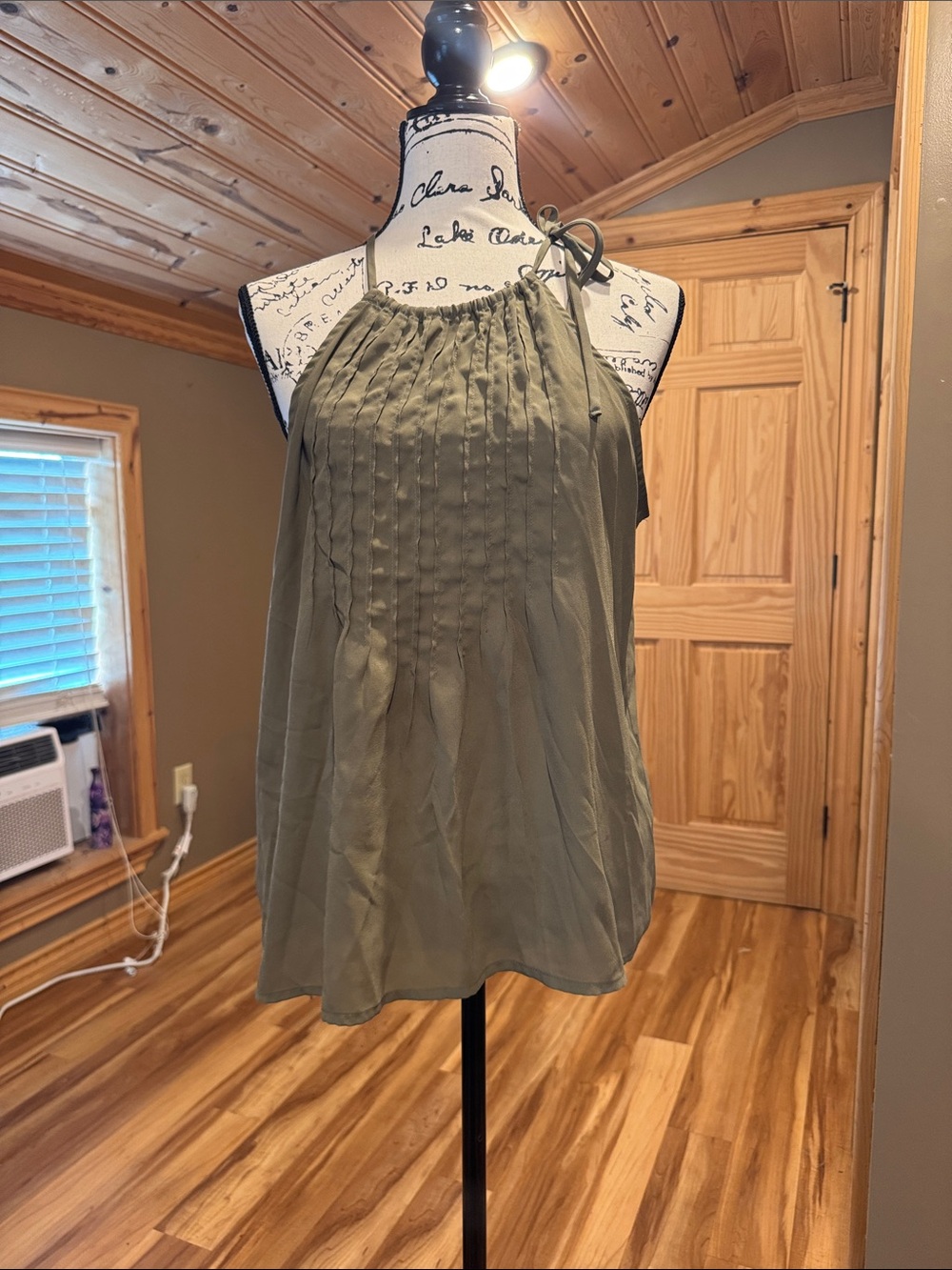 New York & Company Olive Pintuck Halter Tie Cami SoHo